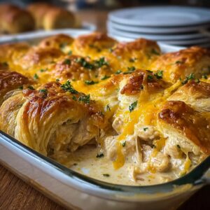 Cheesy chicken crescent bake with golden crescent roll topping, melted cheddar, creamy chicken filling, and fresh parsley garnish