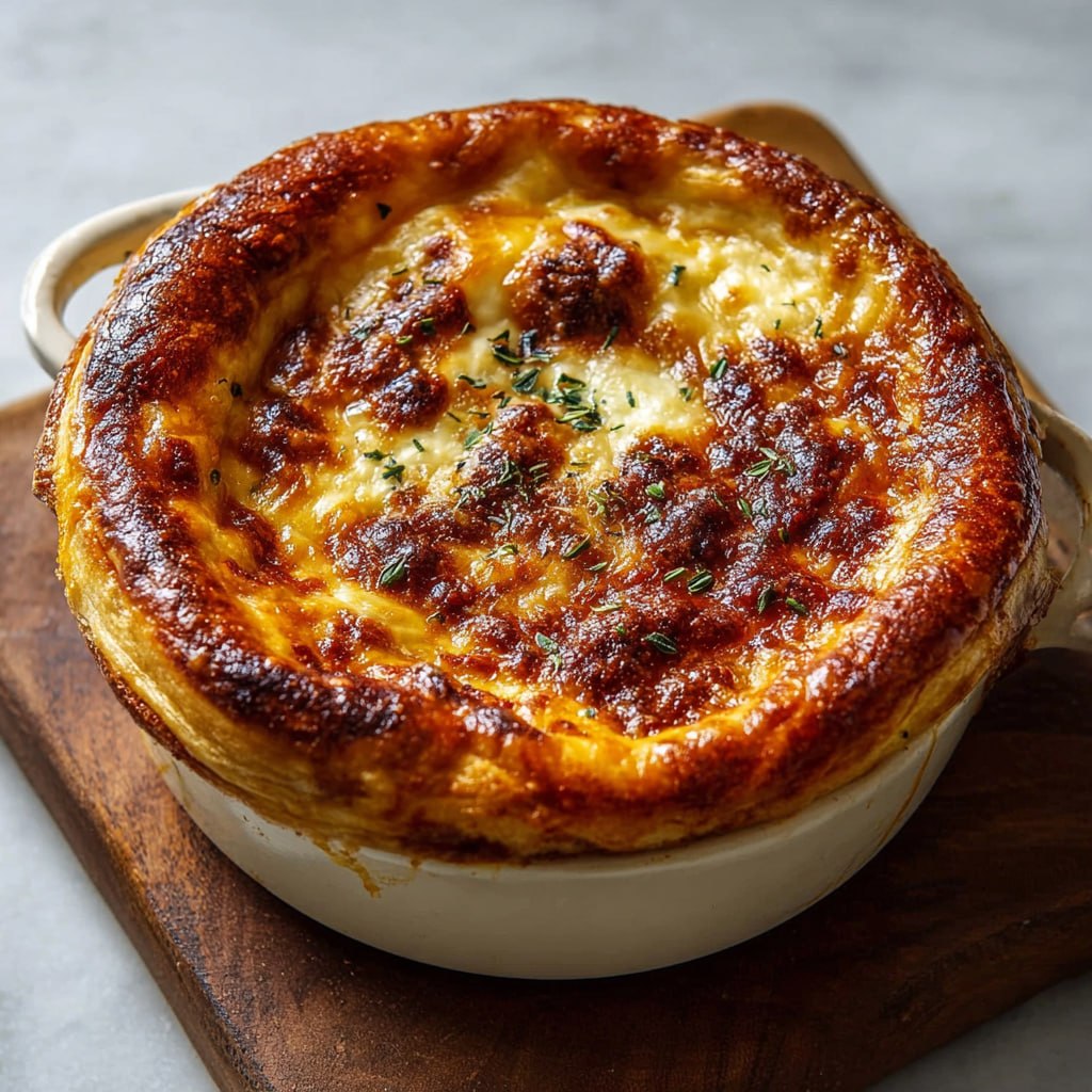Close-up of pizza pot pie cross-section showing layers of pizza dough, melted cheese, pepperoni, sausage, and rich tomato sauce