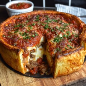 Chicago deep dish pizza in a cast iron pan with golden buttery crust, layers of cheese, sausage, and chunky tomato sauce on top
