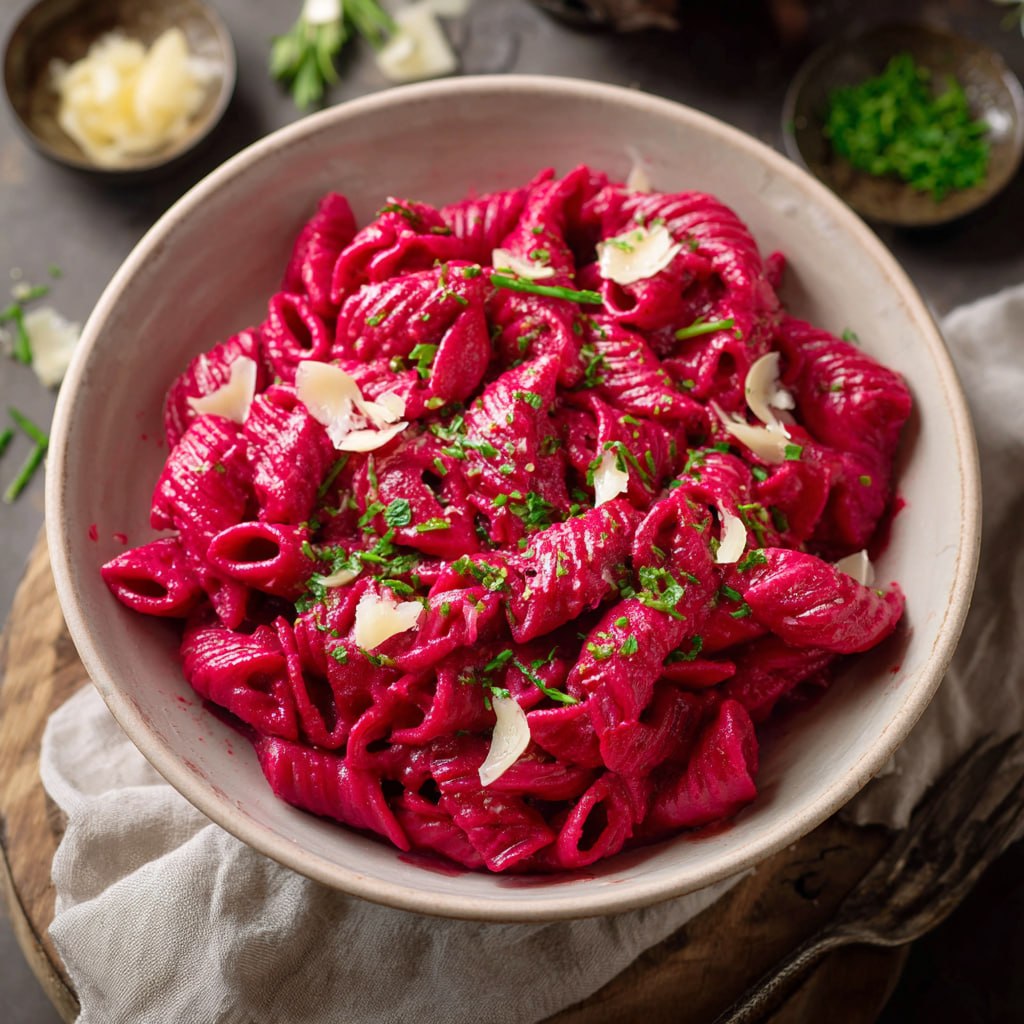 Close-up of pasta with vibrant magenta beet sauce showing creamy texture, walnut crunch, and fresh dill garnish