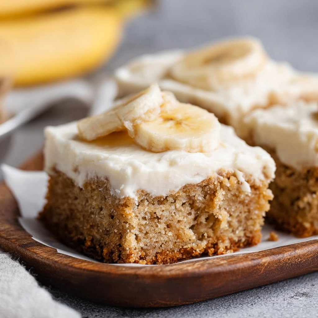 Close-up of a banana bar showing tender moist banana cake interior, cinnamon flecks, and silky cream cheese frosting