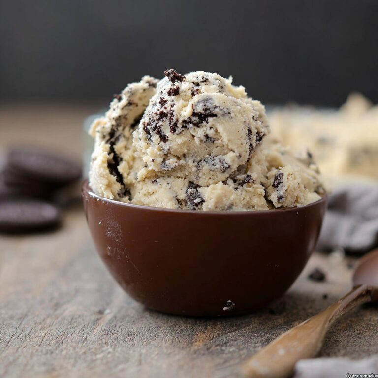 Bowl of edible Oreo cookie dough with chunks of crushed Oreo cookies, brown sugar, butter, vanilla, and chocolate chips, ready to eat by the spoonful