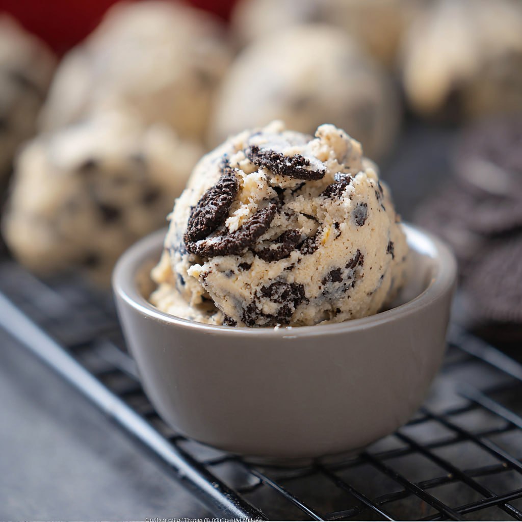 Close-up of edible cookie dough showing dark Oreo crumbs, mini chocolate chips, soft buttery dough texture, and fluffy creamy interior