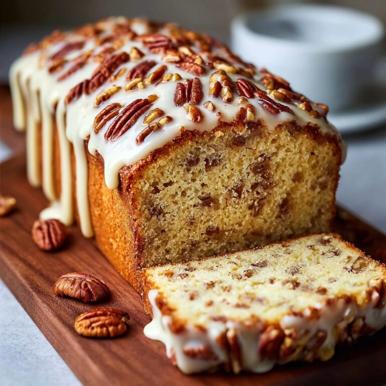 Butter pecan cake loaf with caramel glaze and toasted pecans on top, sliced to show tender brown-buttered crumb