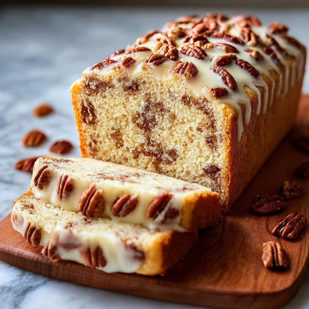 Close-up of butter pecan cake loaf slice with golden glaze, chopped pecans, and moist crumb interior