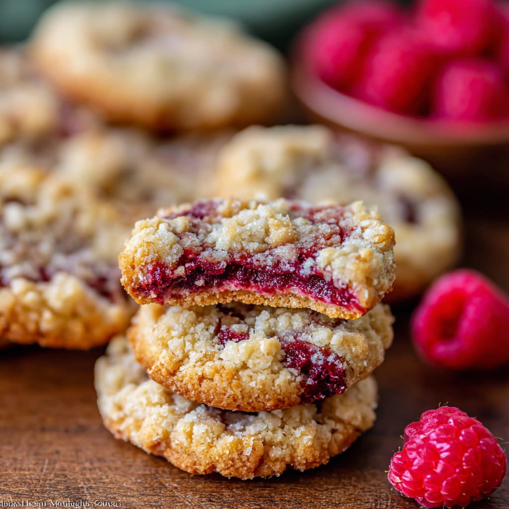 Close-up of raspberry crumble cookie showing tender shortbread, jewel-red raspberry filling, and crispy butter streusel crumb