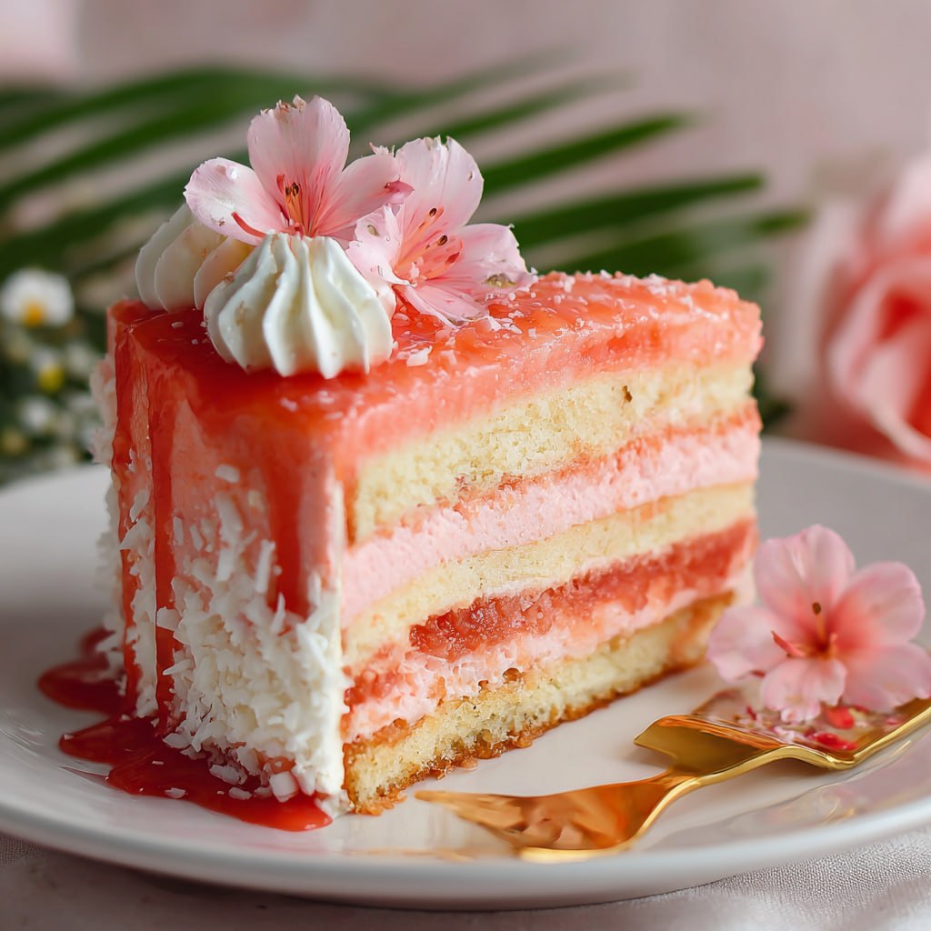 Slice of guava cake showing distinct pink cake layers, tangy cream cheese frosting, and glistening guava topping