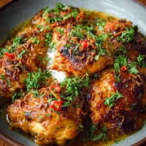 Indonesian coconut chicken with golden curry sauce, lemongrass, ginger, fresh basil, lime wedges, and jasmine rice on a plate