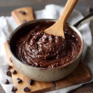 Bowl of edible brownie batter with chocolate chips, glossy fudgy texture, sprinkled sea salt, and a spoon ready to eat
