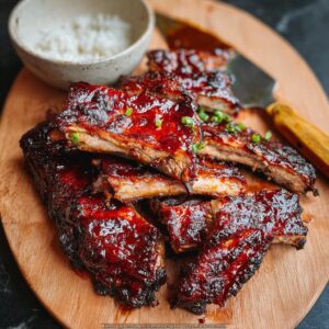 Chinese BBQ ribs with glossy red char siu glaze, sticky caramelized edges, sesame seeds, scallions, and steamed rice