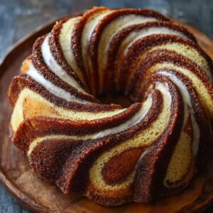 Cinnamon swirl bundt cake on a cake stand with golden caramelized sides, white cream cheese glaze drizzle, and dramatic cinnamon ribbon visible inside
