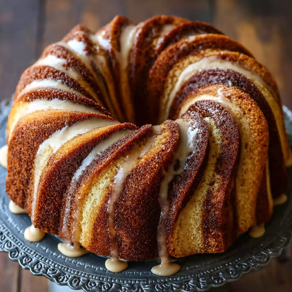 Slice of cinnamon swirl bundt cake showing dark cinnamon-sugar ribbon swirled through golden tender vanilla cake interior