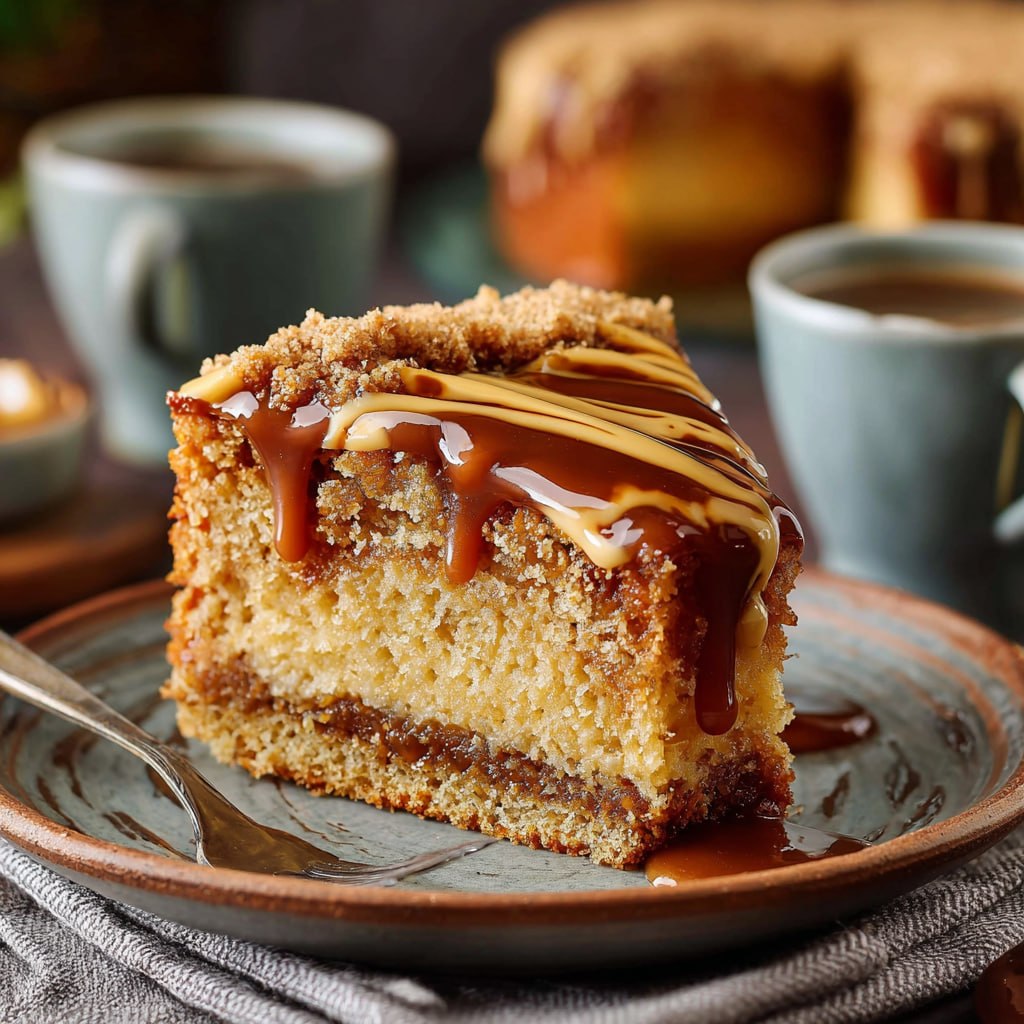 Slice of guava coffee cake showing tender vanilla cake, ribbon of pink guava preserves, and crispy butter streusel layer