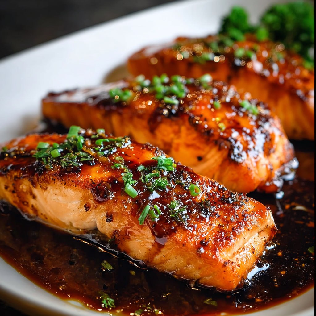 Close-up of bourbon salmon showing crispy lacquered glaze, flaky pink salmon flesh, and golden ginger-garlic finish