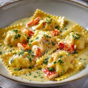 Lobster ravioli plated with bright lemon butter sauce, fresh chives, parmesan shavings, and lemon zest in a white bowl