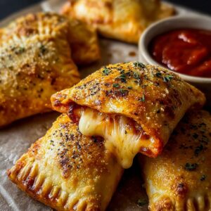 Cheesy pizza pockets with golden crispy crust, melted mozzarella oozing out, pepperoni filling, and a side of warm marinara dipping sauce