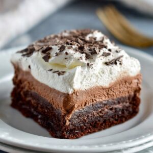 Chocolate French silk brownies with fudgy brownie base, light silky chocolate mousse middle, whipped cream top, and chocolate shavings