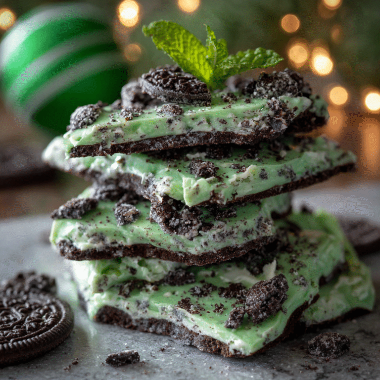 Delicious Mint Oreo Bark served on a festive plate
