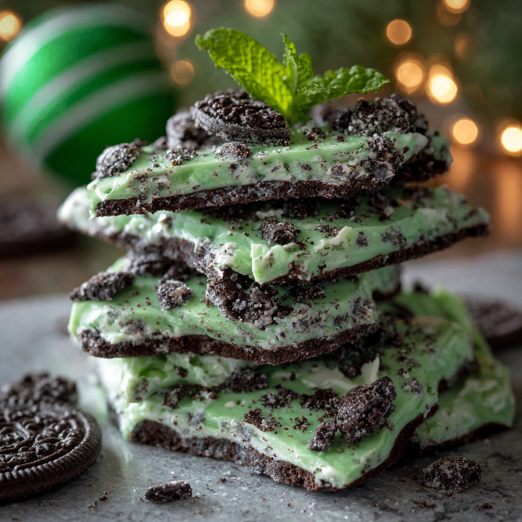 Delicious Mint Oreo Bark served on a festive plate