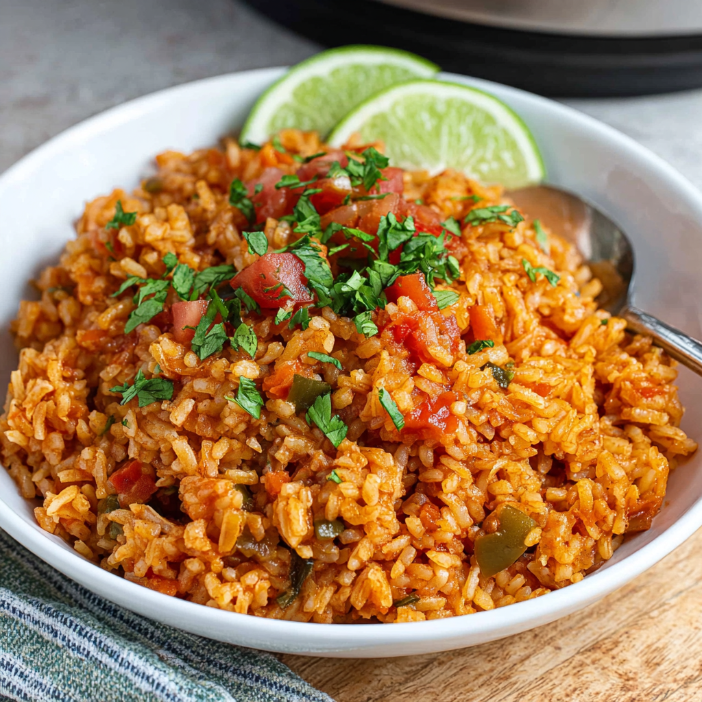 Close-up of colorful ingredients for Spanish rice.
