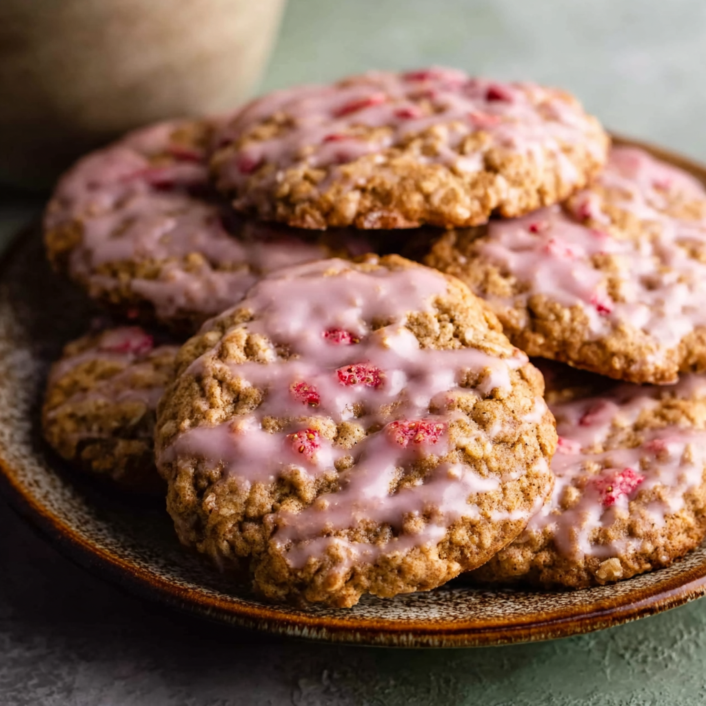 Strawberry Iced Oatmeal Cookies on a plate