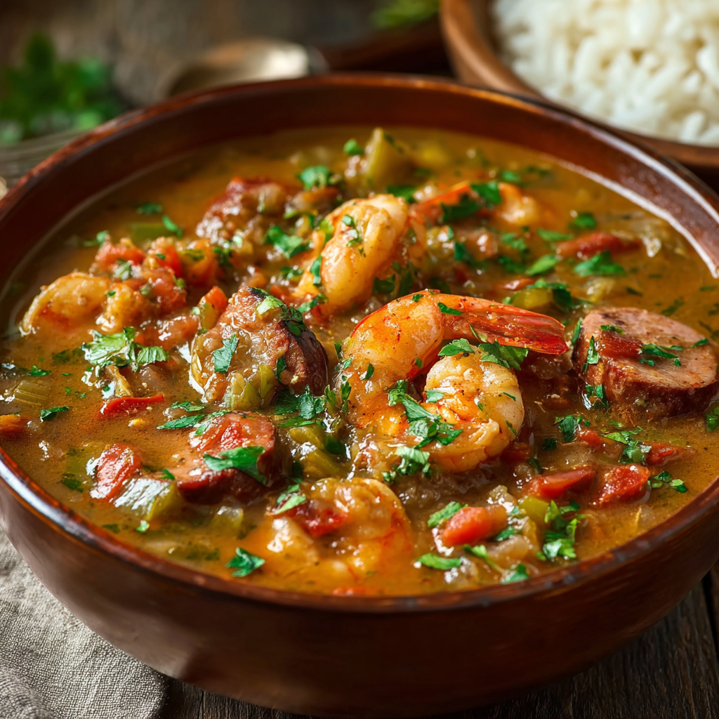 Close-up of Cajun gumbo showing the dark mahogany roux broth, pink shrimp, sliced andouille, parsley, and steam rising over a wooden table