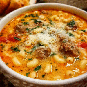 Italian wedding soup in a rustic white bowl with mini meatballs, small macaroni pasta, parmesan, parsley, and a savory red-orange tomato broth