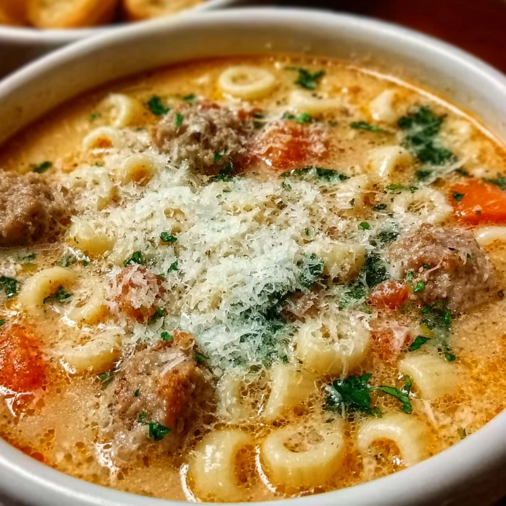 Close-up of Italian wedding soup showing tiny golden-brown meatballs, ditalini pasta, melted parmesan, fresh parsley, steam, and a spoon