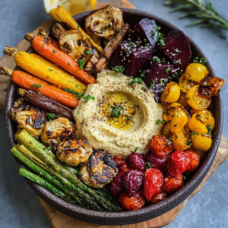 Roasted veggie and hummus bowl with rainbow carrots, beets, brussels sprouts, asparagus, cherry tomatoes around a center of creamy hummus on wooden board