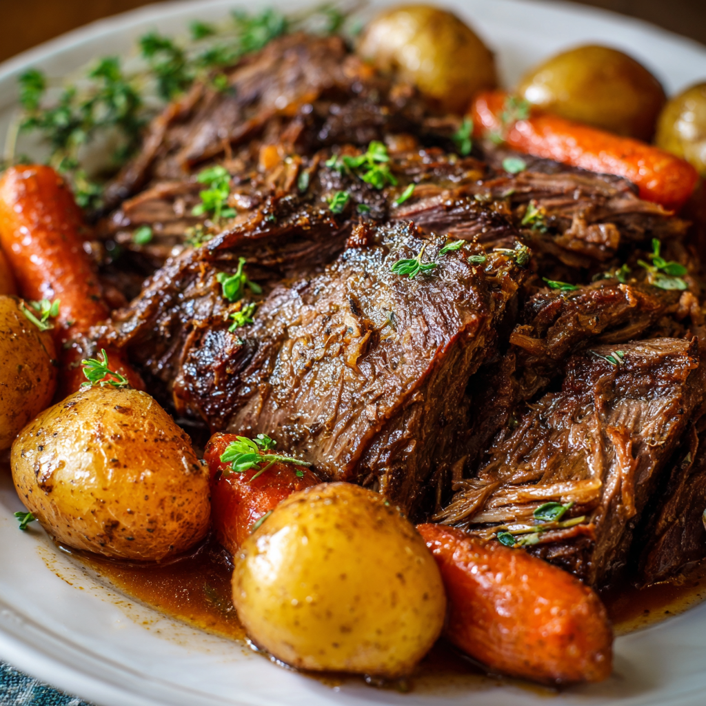 Close-up of slow-cooked chuck roast with deeply browned crust, tender shredded interior, rich brown gravy pool, soft potatoes, glazed carrots, parsley