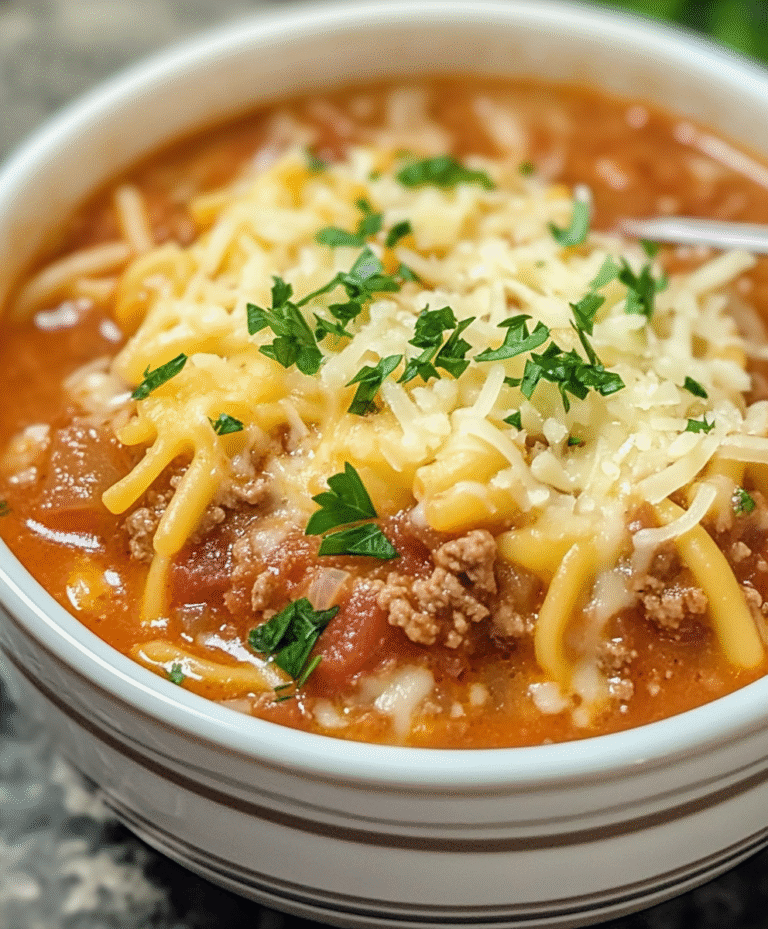 Crockpot lasagna soup in a white bowl with broken lasagna noodles, ground beef, tomato broth, dollop of ricotta, melted mozzarella and basil