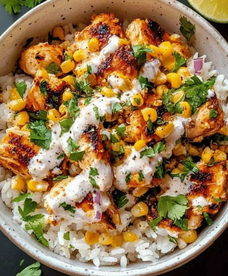 Street corn chicken rice bowl with seasoned chicken cubes, charred corn, white cotija crema, cilantro, red onion, lime over white rice