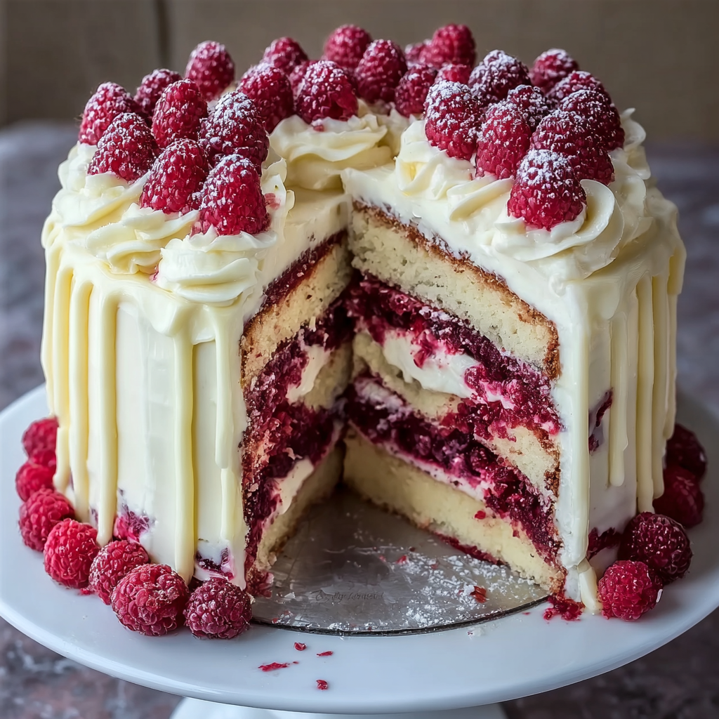 Close-up slice of white chocolate raspberry layer cake showing tender white cake, raspberry jam swirl, white chocolate frosting, fresh raspberries
