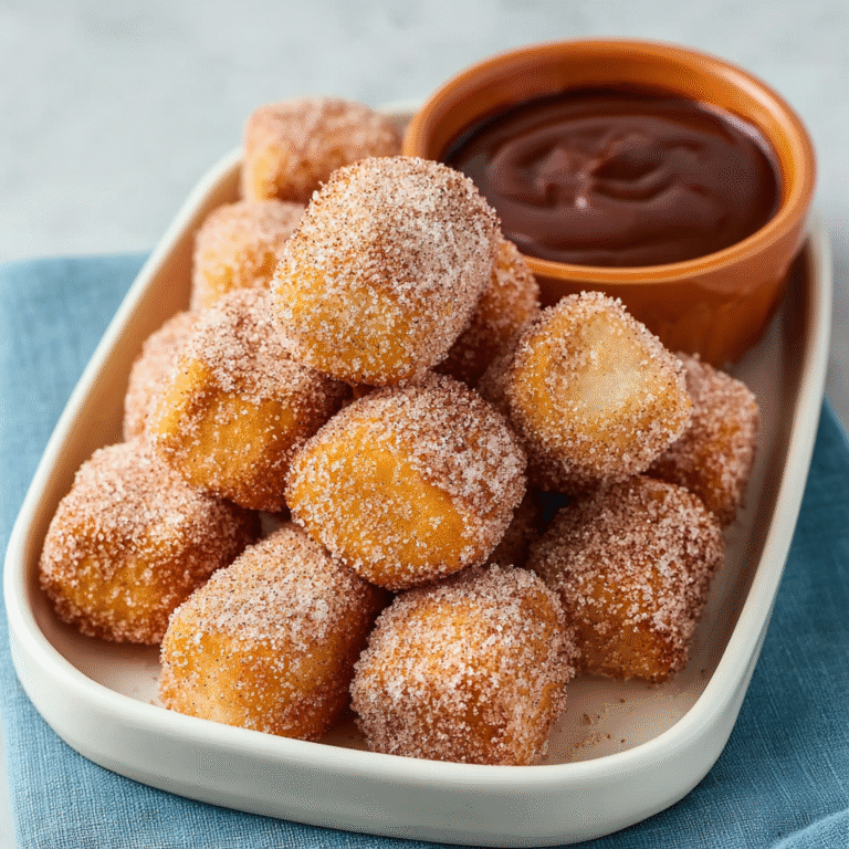 Sweet air fryer churro bites coated in cinnamon sugar on a white plate with chocolate dipping sauce, golden crispy outside and pillowy inside