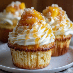 Honey peach cream cheese cupcakes on a white platter with cream cheese frosting swirls, honey-glazed peach pieces on top, golden honey drizzle