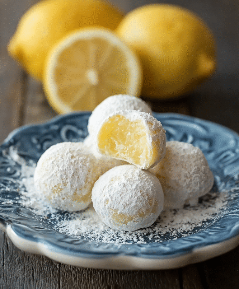 Lemon truffles on a marble surface dusted with powdered sugar, pale yellow centers visible, lemon zest scattered around, fresh lemon halves