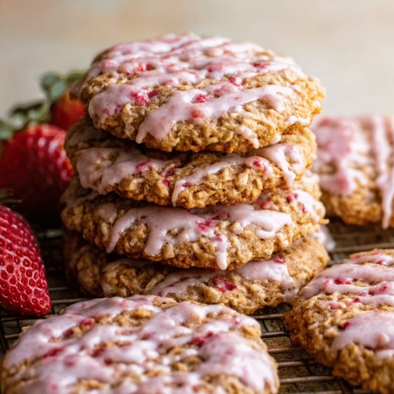 Strawberry iced oatmeal cookies on a white plate with pink strawberry glaze drizzled in zigzags, chewy oatmeal cookies, fresh strawberry slices