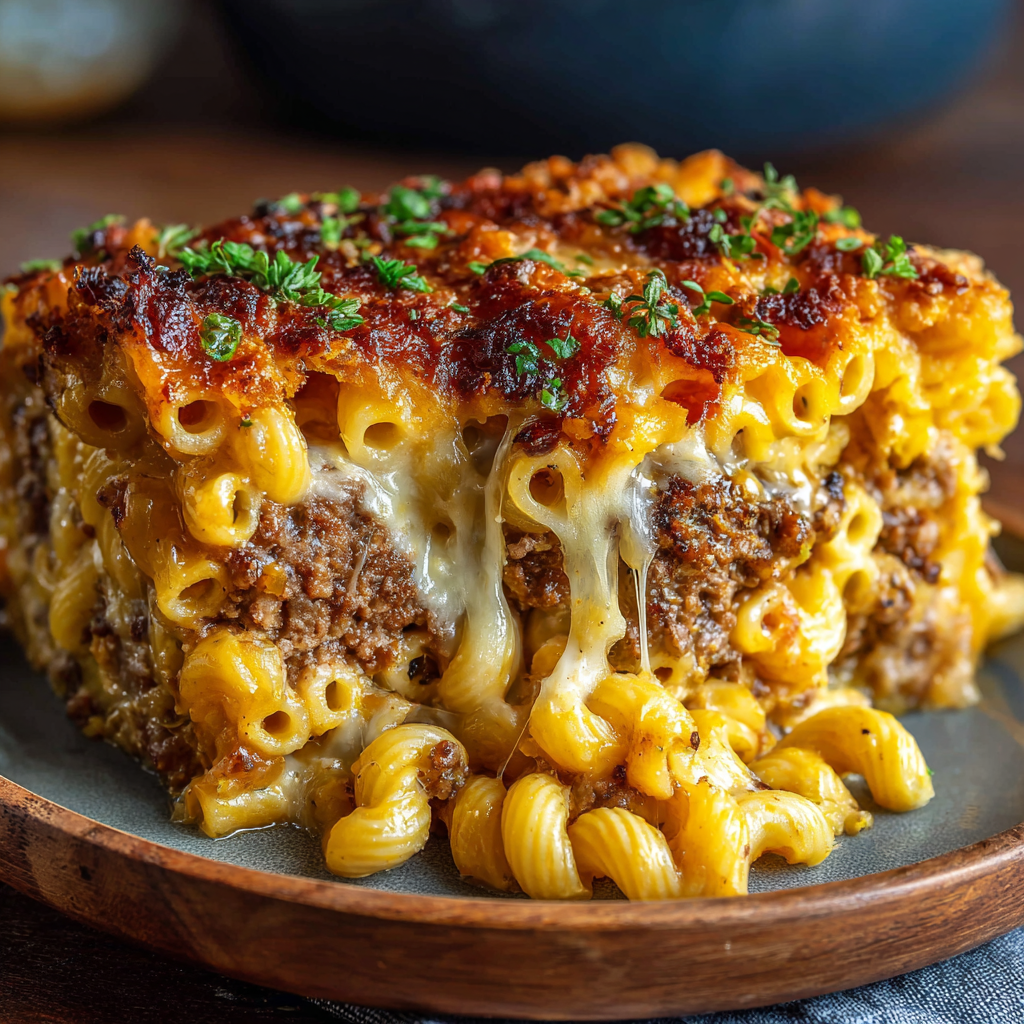 Close-up of mac and cheese meatloaf slice showing melted cheddar macaroni filling, juicy beef exterior, glistening glaze