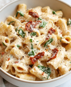 Creamy sun-dried tomato pasta in a white bowl with rigatoni coated in cream sauce, sun-dried tomatoes, baby spinach, parmesan, black pepper