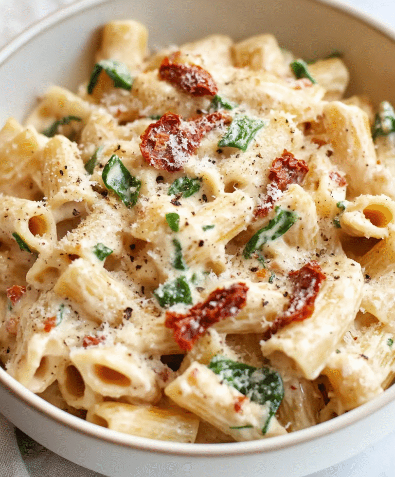 Creamy sun-dried tomato pasta in a white bowl with rigatoni coated in cream sauce, sun-dried tomatoes, baby spinach, parmesan, black pepper