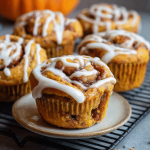 Pumpkin cinnamon roll muffins on a wooden board with visible cinnamon swirl, cream cheese glaze drizzle, dusting of cinnamon sugar