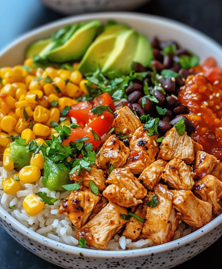 Chicken burrito bowl with marinated grilled chicken, cilantro lime rice, black beans, corn, avocado, tomato salsa, fresh cilantro