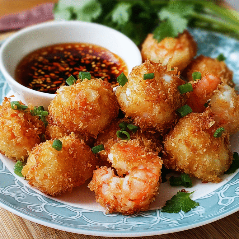Crispy shrimp balls on a plate with golden-brown crust, sweet chili dipping sauce in a small bowl, green onions, sesame seeds