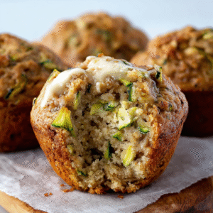 Banana zucchini muffins on a wooden board with golden tops, visible zucchini and banana, dusting of cinnamon sugar, walnuts