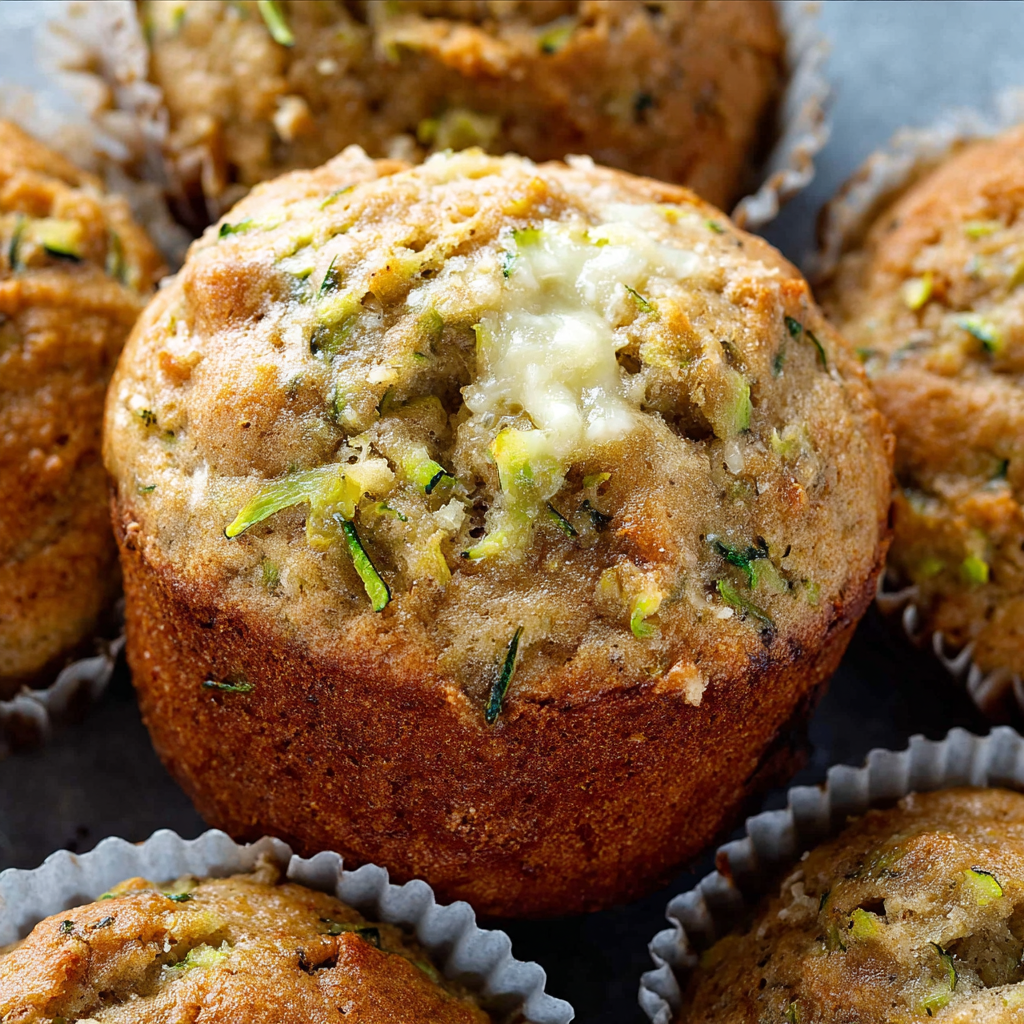 Close-up of one muffin split open showing tender moist crumb, green zucchini flecks, banana chunks, walnuts, cinnamon notes
