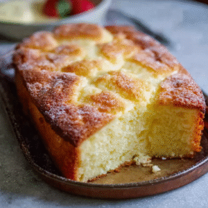 French butter cake on a serving plate with golden crosshatched top, deep amber color, dusting of powdered sugar, slice cut showing dense texture