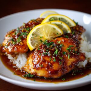 Lemon garlic chicken over rice in a serving bowl with golden seared chicken breast slices, fluffy yellow rice, fresh lemon slices, parsley, herbs