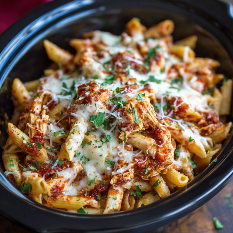 Cheesy chicken pasta bake in a baking dish with golden bubbly cheese top, visible chunks of chicken and pasta in creamy tomato sauce, fresh herbs