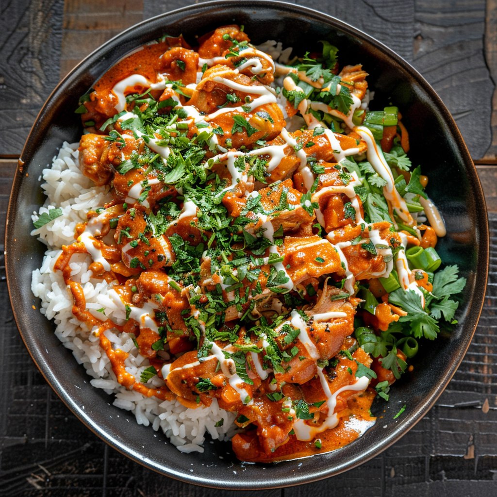 Close-up of chicken rice bowl showing golden seared chicken pieces, steamed broccoli, sliced carrots, glistening teriyaki-style sauce, fluffy jasmine rice