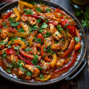 Chicken fajitas on a sizzling cast-iron platter with strips of seasoned chicken, charred bell peppers in red yellow green, caramelized onions, warm tortillas